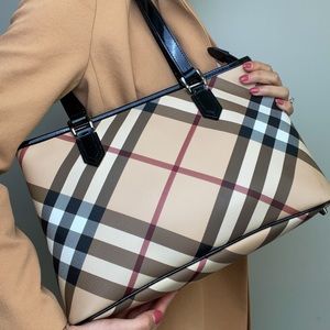 BURBERRY Patent Trim Nova Check Shopper Tote Black